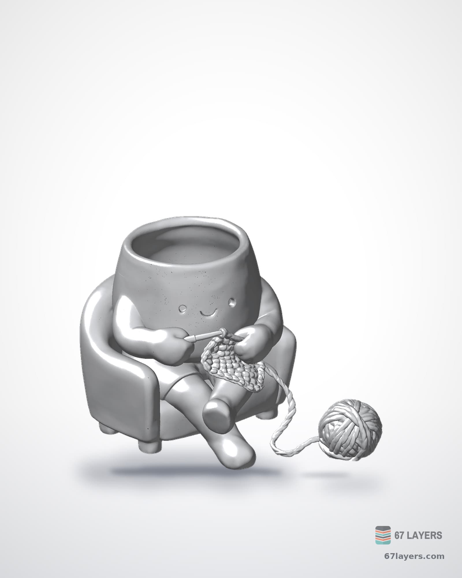 White 3D-printed character planter hugging a ball of yarn, cute desk plant pot, studio product shot