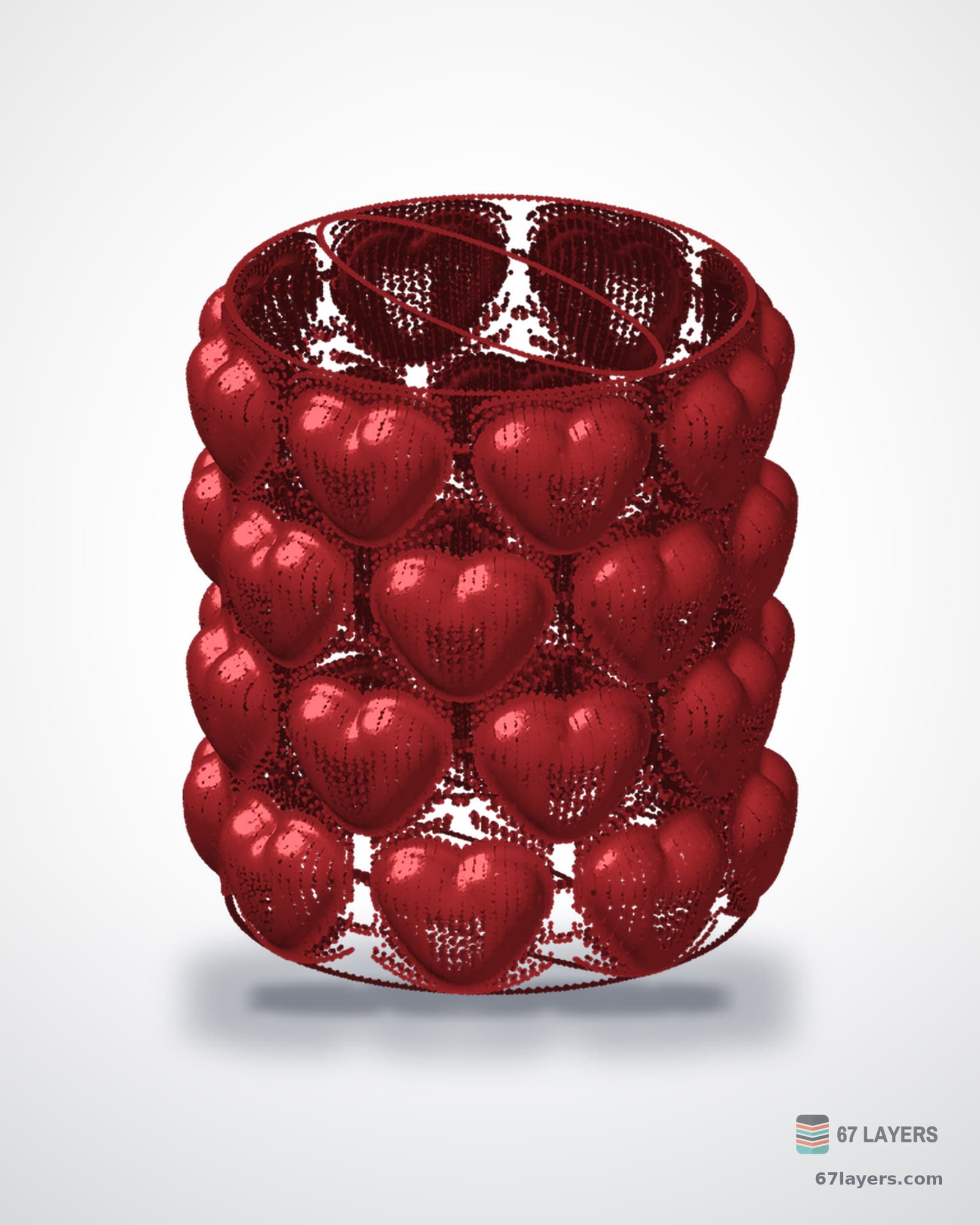 White 3D-printed vase covered in raised hearts, Valentine's planter, studio product shot on white