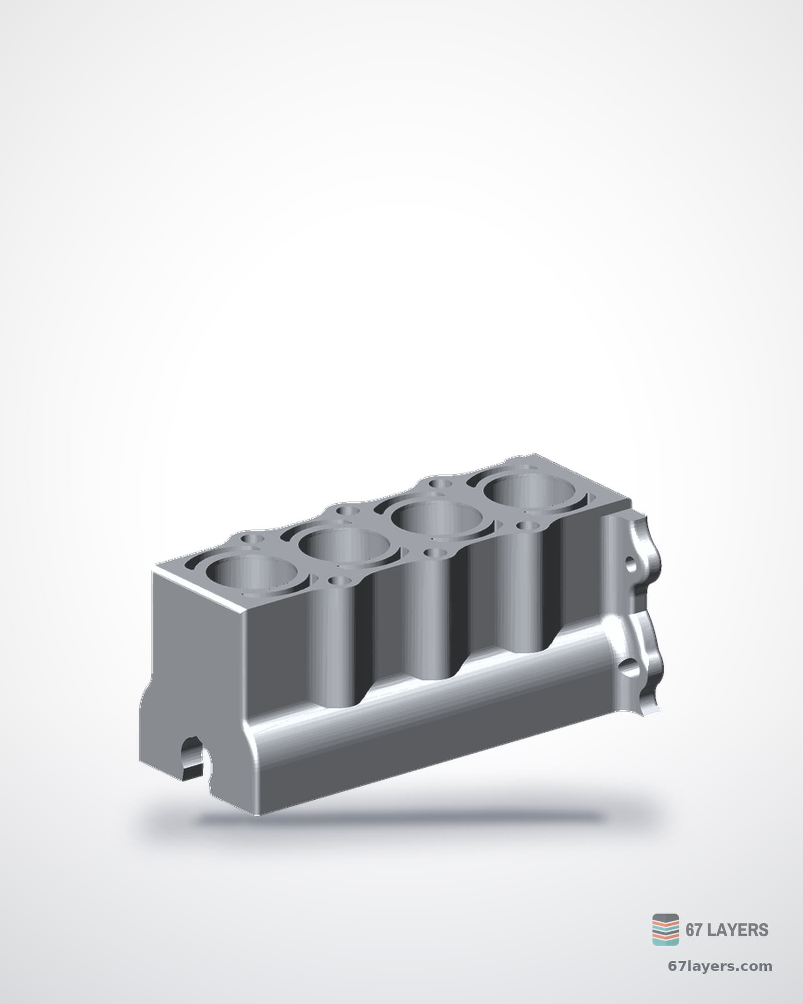 White 3D-printed four-cylinder engine desk model with movable pistons, studio product shot on white