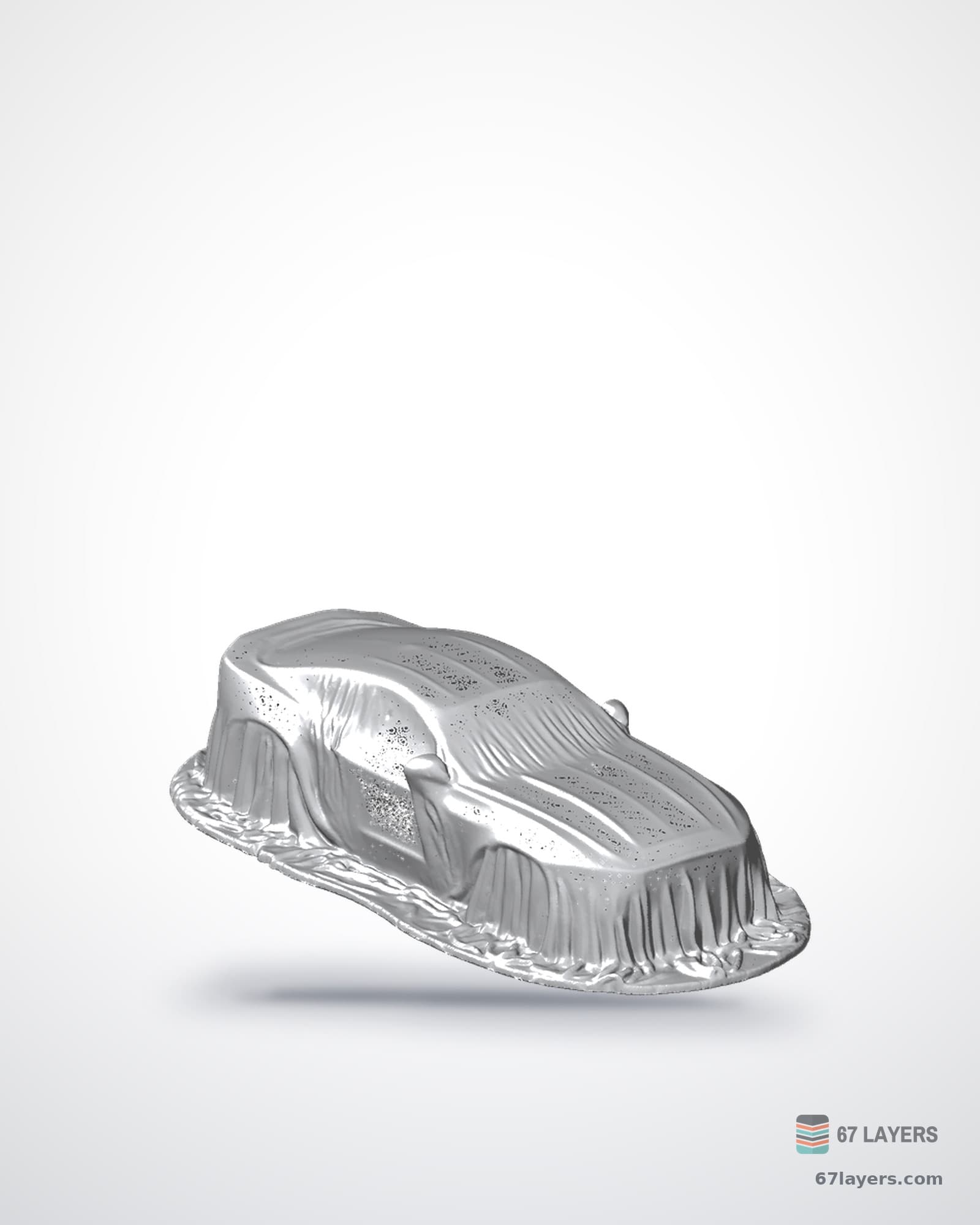 White 3D-printed sculpture of a sports car under a draped cloth, studio product shot on white