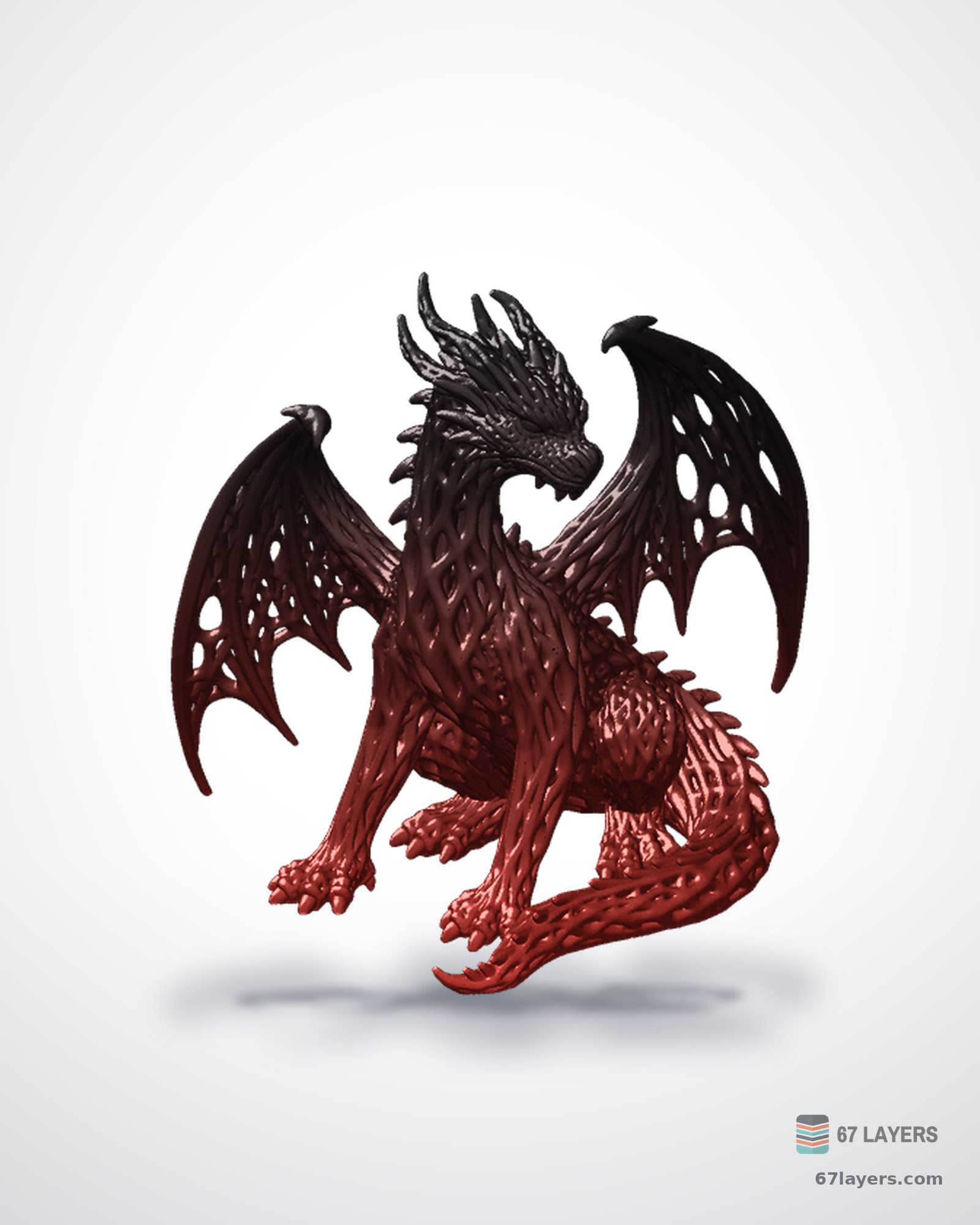 White 3D-printed winged dragon figurine with detailed scales, studio product shot on white
