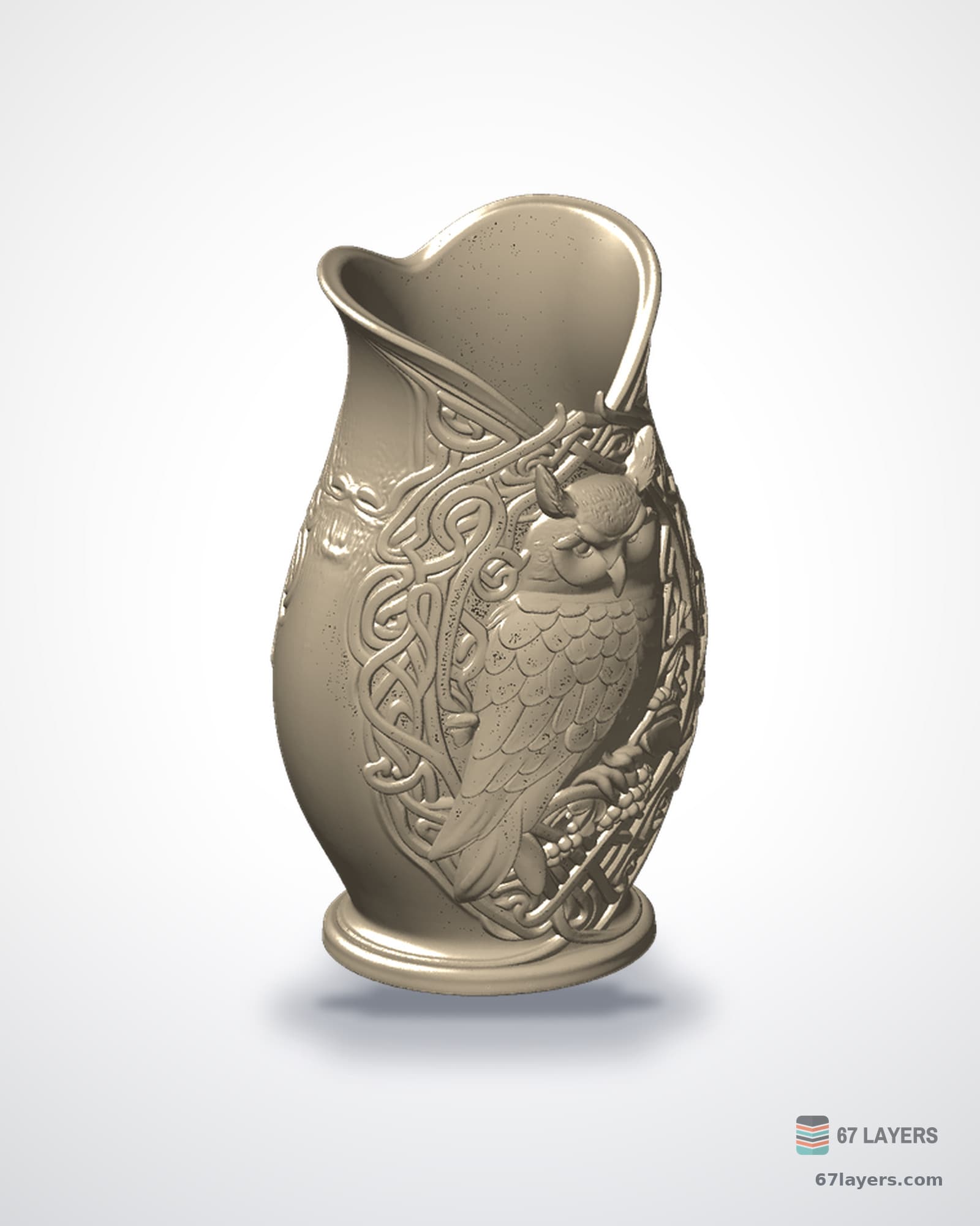White 3D-printed vase with Celtic owl and floral relief detail, studio product shot on white