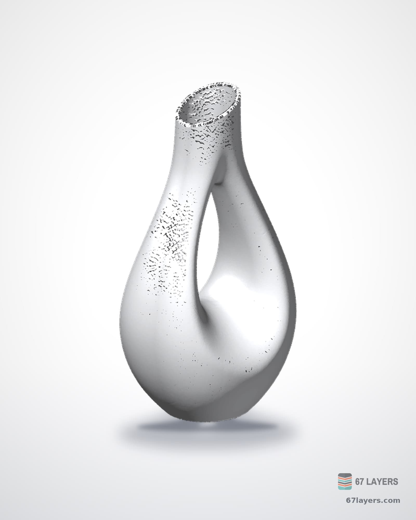Tall white 3D-printed teardrop vase with a smooth sculpted opening, studio product shot on white